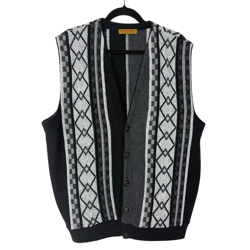 Vintage Porto Cruz Argyle Sweater Vest Wool Blend Dark Academia XL Button Front